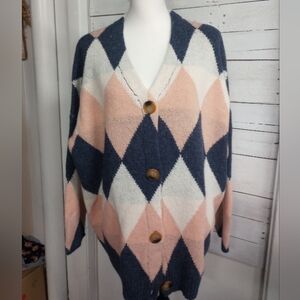 FAVLUX Women’s Large Argyle Cardigan Sweater Button Front Pink Navy Oversized